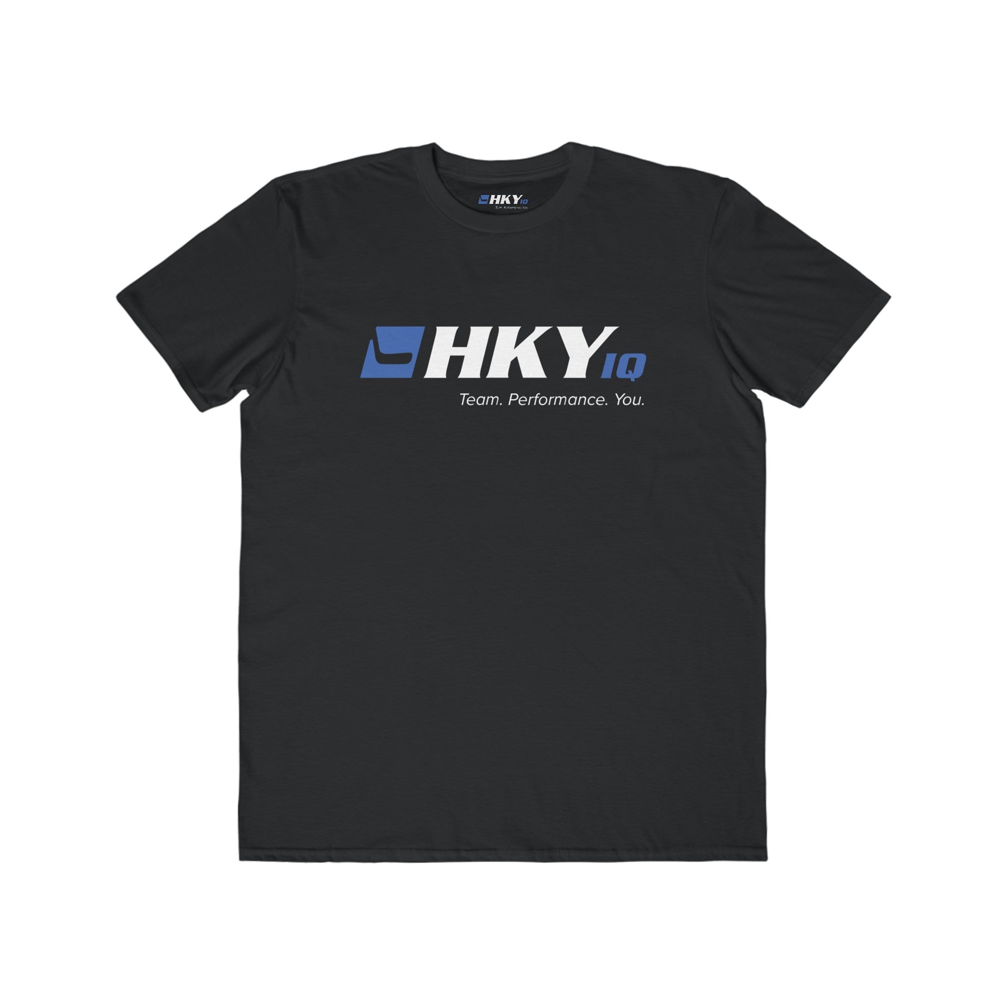 Black t-shirt with “HKY IQ” logo in white and blue, and the tagline “Team. Performance. You.” on the front—perfect for fans of custom hockey sticks or those who appreciate customizable graphics in their gear.