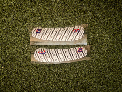 Two custom, white blade tape stickers with HKY IQ and USA Hockey logos
