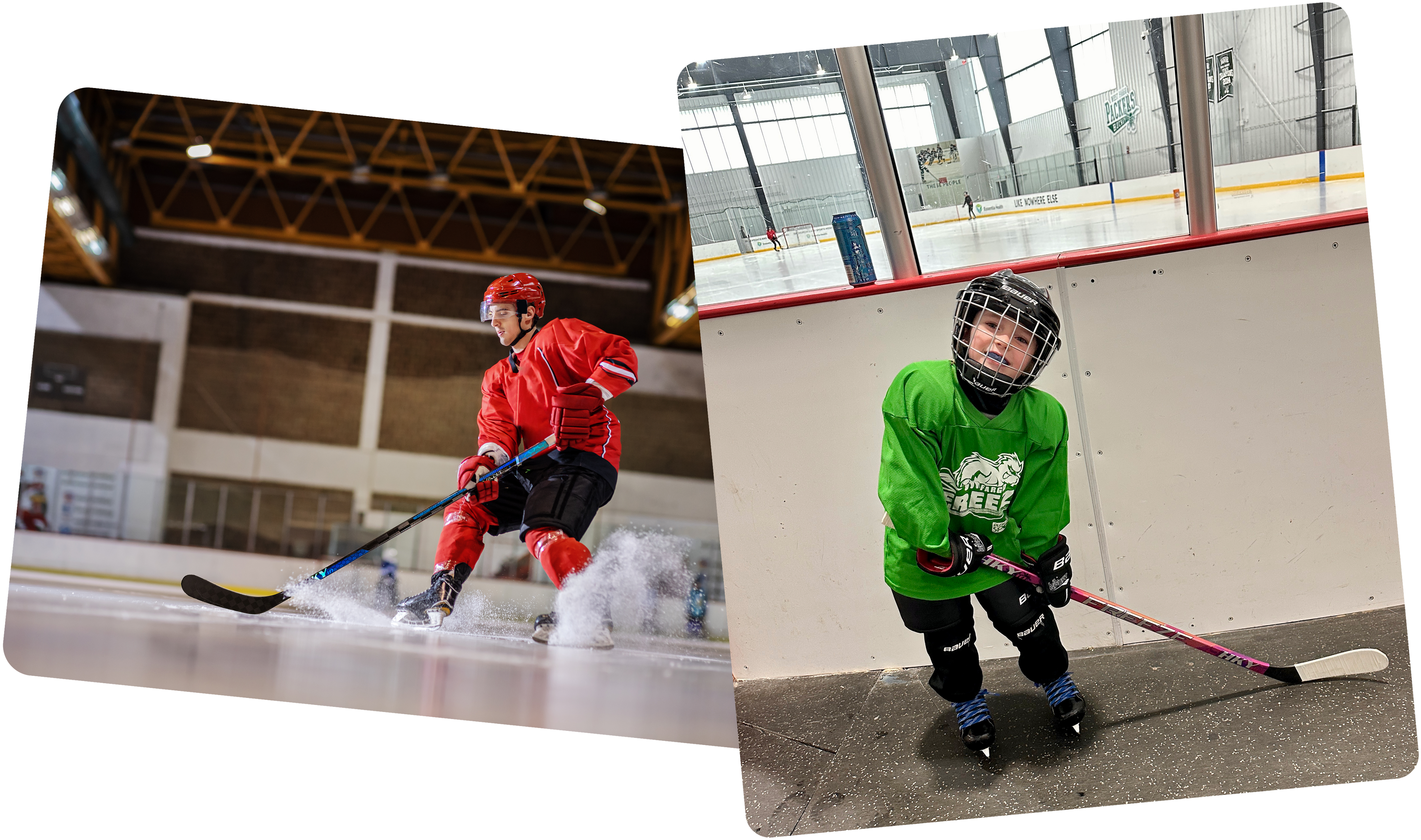 Two images of ice hockey players: one adult in red gear skating on the rink, and one child in a green jersey posing happily by the rink boards.