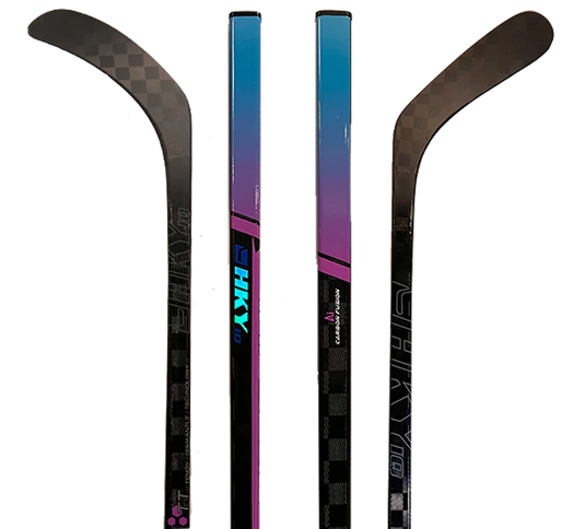 Four custom hockey sticks are shown upright, two facing front and two side views. The shafts feature customizable graphics in a blue-to-purple gradient with black checkered patterns and text. The blades are black with a checkerboard pattern.