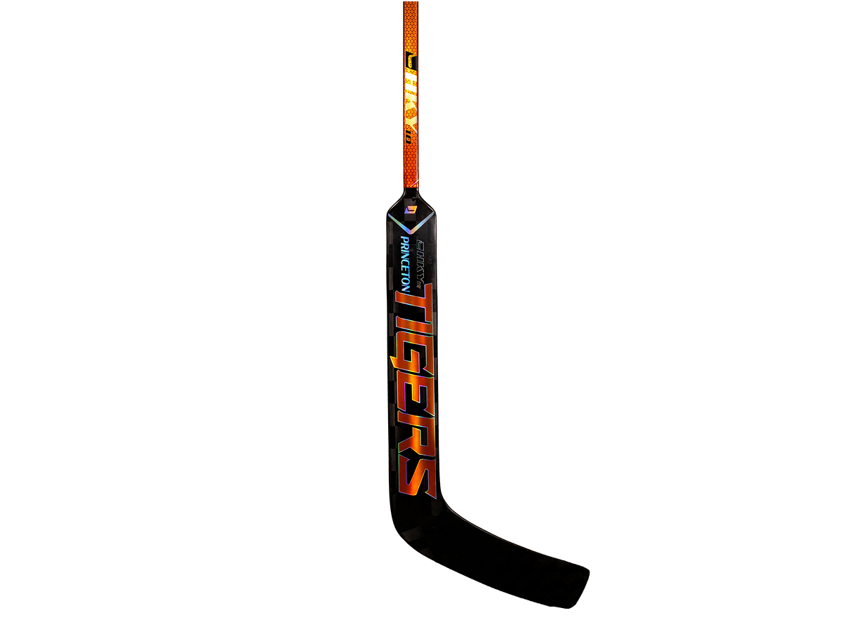 A black and orange quality hockey stick with the word TIGERS printed vertically in large letters on the shaft.