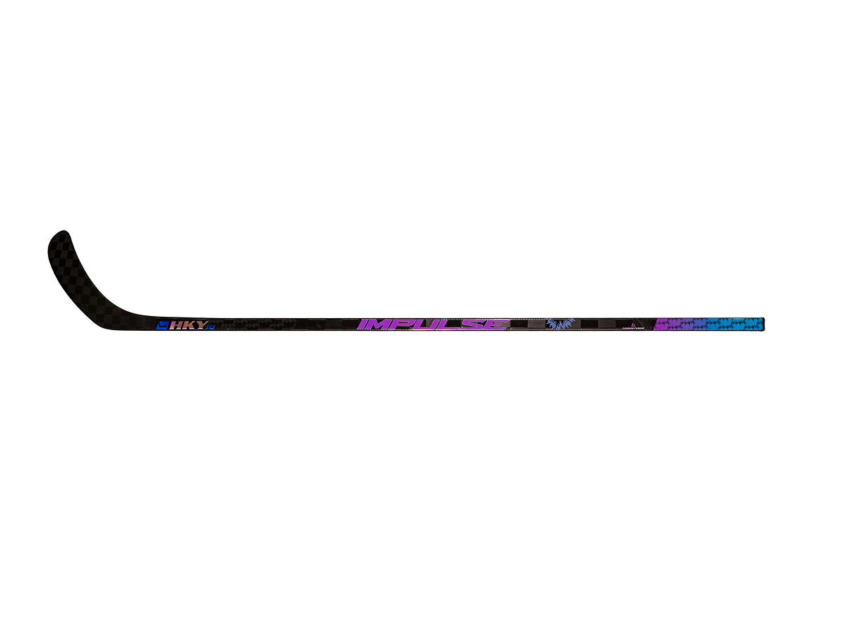 Simple black silhouette of a hockey stick on a plain white background, perfect for showcasing customizable hockey stick graphics or representing in-stock hockey sticks.